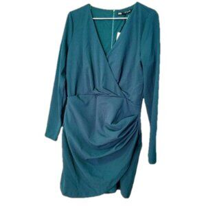 Zara Long Sleeve Wrap Mini Dress Green Teal V Neck Large
